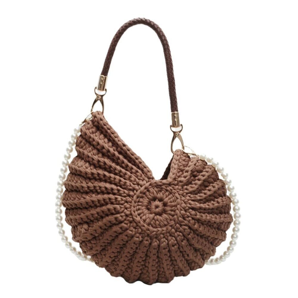 4216 Crochet Seashell Purse Pearl Chain Woven Evening Bag Knit Shell Shaped